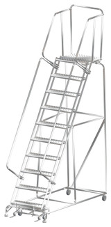 Ballymore Safety Products Stainless Steel Ladders, 10 Step, 32 In Wide Base, 28 in Deep Top Step, Serrated Tread, Setup 