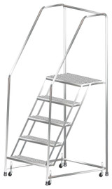 Ballymore Safety Products Stainless Steel Ladders, 5 Step, 30" Wide Base, 14" Deep Top Step, Serrated Tread, Setup 