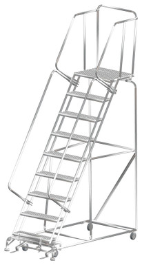 Stainless Steel Ladders, 9 Step, 32 In Wide Base, 21 in Deep Top Step, Serrated Tread