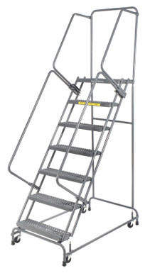 Spring Loaded Caster Ladders, 7 Step, 30 In Wide Base, 14 in Deep Top Step, Serrated Tread