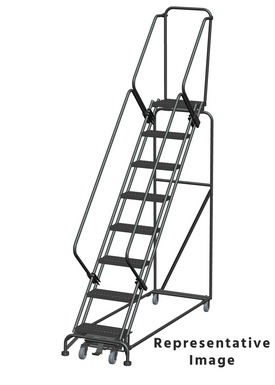 Weight Actuated 50 Degree Slope Walk Down Ladders, Weight Actuated, 50° Incline, 8 Step, 32 In Wide Base, 14 in Deep Top Step, Expanded Metal Tread, Setup