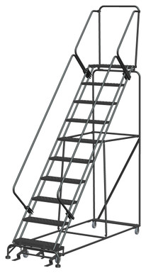 50 Degree Slope Walk Down Ladders, 50° Incline, 10 Step, 32 In Wide Base, 14 in Deep Top Step, Perforated Tread, Setup