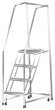 Stainless Steel Spring Loaded Ladders, 7 Step, 24" Wide Base, 14" Deep Top Step, Perforated Tread, Setup