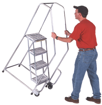 Aluminum Tilt and Roll Ladder, 3 Step, 20" Wide Base, 10" Deep Top Step, Ribbed Tread, Setup