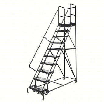 KD 10 Step Steel Rolling Ladder: 100 In Platform Height, 30 In Platform Deep, 24 In Platform Wide, Serrated, 35 In Bottom Wide