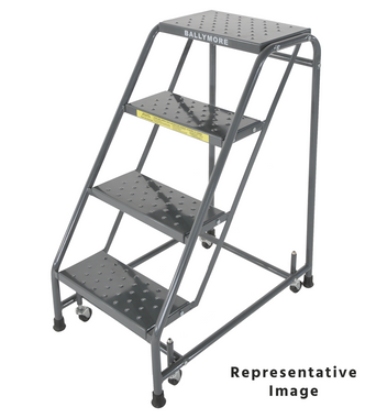 Spring Loaded Caster Ladders, 4 Step, No Rails 30" Wide Base, 28" Deep Top Step, Serrated Tread, Setup