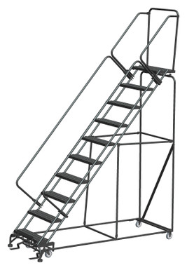 50 Degree Slope Walk Down Ladders, 10 Step, 32 In Wide Base, 14 in Deep Top Step, Serrated Tread