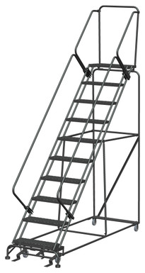 50 Degree Slope Walk Down Ladders, 10 Step, 32 In Wide Base, 14 in Deep Top Step, Expanded Metal Tread