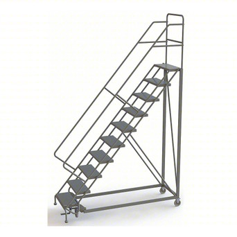 KD 10 Step Heavy Duty Safety Angle Configurable Rolling Ladder: 100 In Platform Height, 17 In Platform Deep, 24 In Platform Wide, Perforated