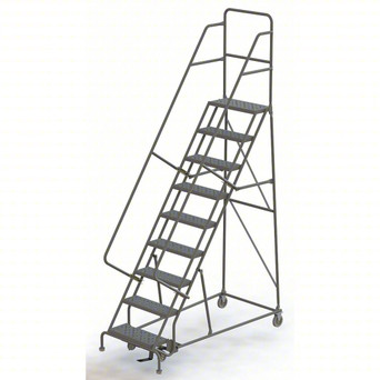 KD 9 Step Steel Rolling Ladder: 90 In Platform Height, 10 In Platform Deep, 24 In Platform Wide, Serrated, 35 In Bottom Wide