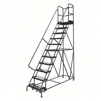 KD 11 Step Steel Rolling Ladder: 110 In Platform Height, 30 In Platform Deep, 24 In Platform Wide, Serrated, 35 In Bottom Wide