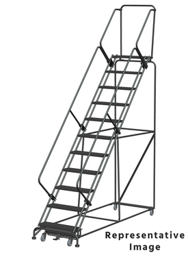 Weight Actuated 50 Degree Slope Walk Down Ladders, Weight Actuated, 50° Incline, 11 Step, 32 In Wide Base, 14 in Deep Top Step, Perforated Tread