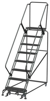 50 Degree Slope Walk Down Ladders, 8 Step, 32 In Wide Base, 14 in Deep Top Step, Serrated Tread, Setup