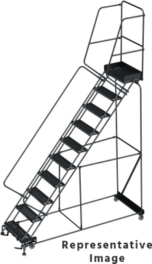 50 Degree Slope Walk Down Ladders, CALOSHA, 50° Incline, 10 Step, 32 In Wide Base, 14 in Deep Top Step, Expanded Metal Tread, Setup