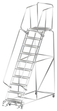 Stainless Steel Ladders, 10 Step, 32 In Wide Base, 28 in Deep Top Step, Perforated Tread