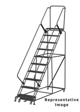 Weight Actuated 50 Degree Slope Walk Down Ladders, Weight Actuated, 50° Incline, 10 Step, 32 In Wide Base, 14 in Deep Top Step, Perforated Tread