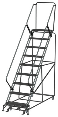 50 Degree Slope Walk Down Ladders, 9 Step, 32 In Wide Base, 14 in Deep Top Step, Serrated Tread, Setup