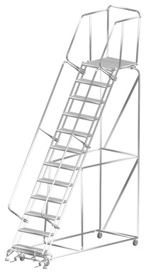 Stainless Steel Ladders, 12 Step, 32 In Wide Base, 28 in Deep Top Step, Serrated Tread, Setup