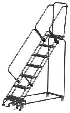 50 Degree Slope Walk Down Ladders, 7 Step, 24 In Wide Base, 14 in Deep Top Step, Serrated Tread