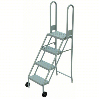 Tri-Arc KDMF104166 4-Step Mobile/Folding Steel Step Stand Tilt and Roll Ladder: 40 in Platform Height, 10 in Platform Deep, 16 in Platform Wide, Perforated, Gray