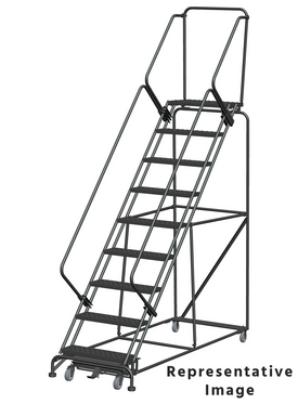 Weight Actuated 50 Degree Slope Walk Down Ladders, Weight Actuated, 50° Incline, 9 Step, 32 In Wide Base, 28 in Deep Top Step, Perforated Tread