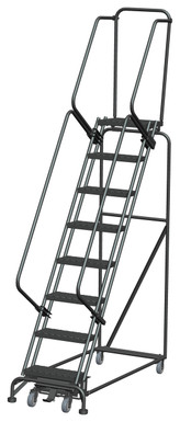 Weight-Actuated Series Ladders, Weight Actuated, 8 Step, 24 In Wide Base, 14 in Deep Top Step, Expanded Metal Tread, Setup