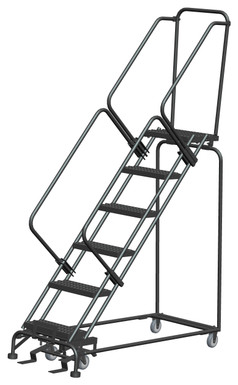 50 Degree Slope Walk Down Ladders, 6 Step, 24 In Wide Base, 14 in Deep Top Step, Serrated Tread, Setup