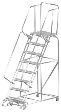 Stainless Steel Ladders, 8 Step, 32 In Wide Base, 21 in Deep Top Step, Serrated Tread