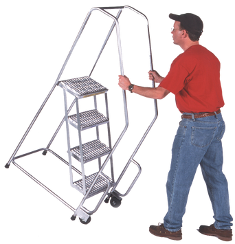Aluminum Tilt and Roll Ladder, 5 Step, 30" Wide Base, 10" Deep Top Step, Serrated Tread, Setup