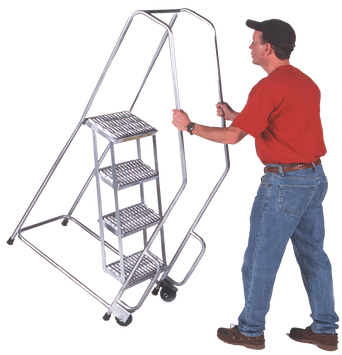 Aluminum Tilt and Roll Ladder, 2 Step, 30" Wide Base, 10" Deep Top Step, Ribbed Tread, Setup