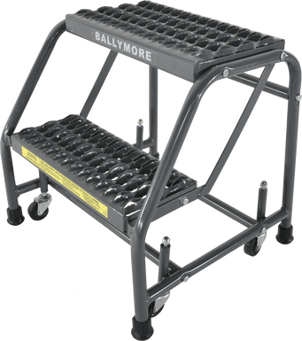 Spring Loaded Caster Ladders, 2 Step, No Rails 20" Wide Base, 10" Deep Top Step, Serrated Tread, Setup
