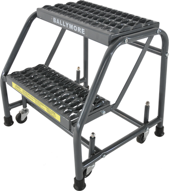 Spring Loaded Caster Ladders, 2 Step, No Rails 20" Wide Base, 10" Deep Top Step, Serrated Tread, Setup