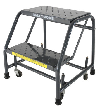 Spring Loaded Caster Ladders, 2 Step, No Rails 20" Wide Base, 10" Deep Top Step, Perforated Tread