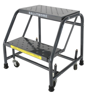Spring Loaded Caster Ladders, 2 Step, No Rails 20" Wide Base, 10" Deep Top Step, Perforated Tread, Setup