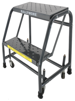 Spring Loaded Caster Ladders, 2 Step, No Rails 20" Wide Base, 10" Deep Top Step, Abrasive Mat Tread, Setup