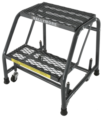 Spring Loaded Caster Ladders, 2 Step, No Rails 20" Wide Base, 10" Deep Top Step, Expanded Metal Tread, Setup