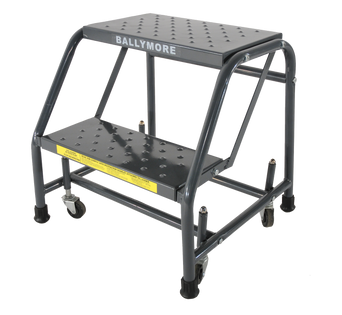 Spring Loaded Caster Ladders, 2 Step, No Rails 30" Wide Base, 10" Deep Top Step, Serrated Tread