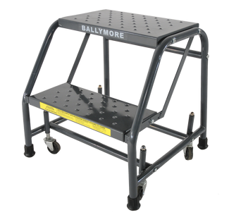 Spring Loaded Caster Ladders, 2 Step, No Rails 30" Wide Base, 10" Deep Top Step, Serrated Tread, Setup