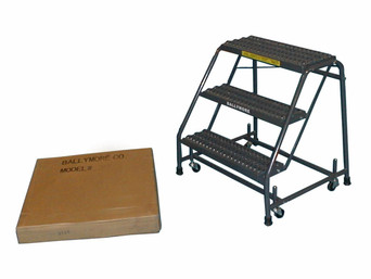 Spring Loaded Caster Ladders, 3 Step, No Rails 20" Wide Base, 10" Deep Top Step, Serrated Tread, Setup
