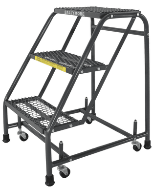 Spring Loaded Caster Ladders, 3 Step, No Rails 20" Wide Base, 10" Deep Top Step, Expanded Metal Tread, Setup