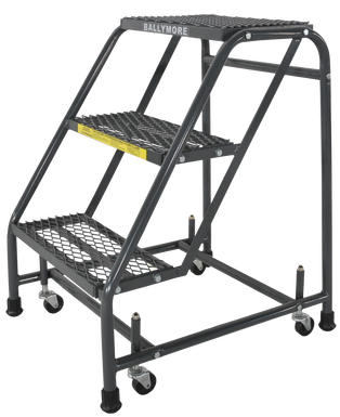 Spring Loaded Caster Ladders, 3 Step, No Rails 20" Wide Base, 10" Deep Top Step, Expanded Metal Tread, Setup