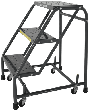 Spring Loaded Caster Ladders, 3 Step, No Rails 30" Wide Base, 10" Deep Top Step, Abrasive Mat Tread, Setup