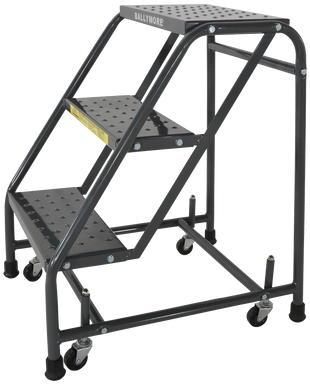 Spring Loaded Caster Ladders, 3 Step, No Rails 30" Wide Base, 10" Deep Top Step, Expanded Metal Tread, Setup