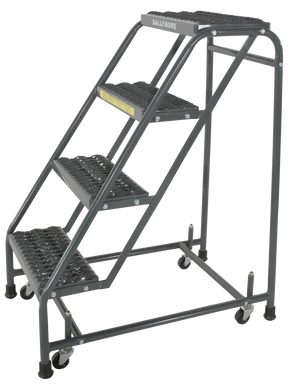 Spring Loaded Caster Ladders, 4 Step, No Rails 20" Wide Base, 10" Deep Top Step, Serrated Tread, Setup