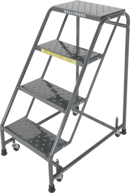 Spring Loaded Caster Ladders, 4 Step, No Rails 20" Wide Base, 10" Deep Top Step, Perforated Tread