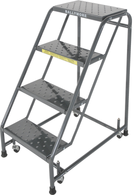 Spring Loaded Caster Ladders, 4 Step, No Rails 20" Wide Base, 10" Deep Top Step, Abrasive Mat Tread, Setup