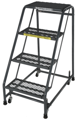 Spring Loaded Caster Ladders, 4 Step, No Rails 20" Wide Base, 10" Deep Top Step, Expanded Metal Tread