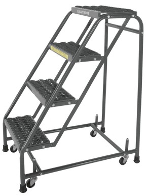 Spring Loaded Caster Ladders, 4 Step, No Rails 30" Wide Base, 10" Deep Top Step, Serrated Tread