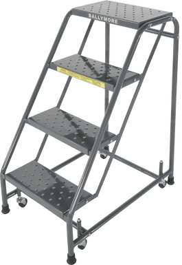 Spring Loaded Caster Ladders, 4 Step, No Rails 30" Wide Base, 10" Deep Top Step, Perforated Tread, Setup