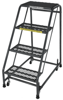 Spring Loaded Caster Ladders, 4 Step, No Rails 30" Wide Base, 10" Deep Top Step, Expanded Metal Tread